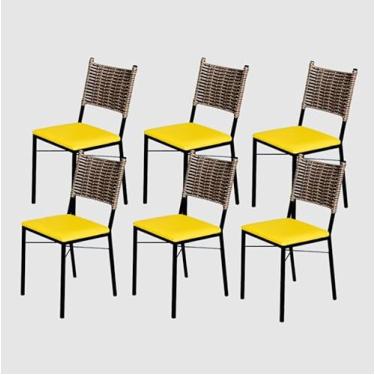 Imagem de Kit 6 Cadeiras Para Cozinha Preta Ratan Cappuccino Assento Estofado (Amarelo)