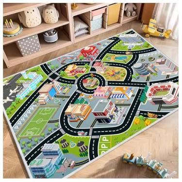 Imagem de Tapete de carro infantil, tapete de brinquedo para carros de brinquedo e trem, tapete de brincar de trânsito para crianças, tapete de área de jogos com suporte antiderrapante, presente ideal para sala