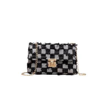 Imagem de QWINEE Bolsa tiracolo feminina jeans envelhecida com trava torcida acolchoada mini bolsa jeans com alça de corrente, Preto, One Size