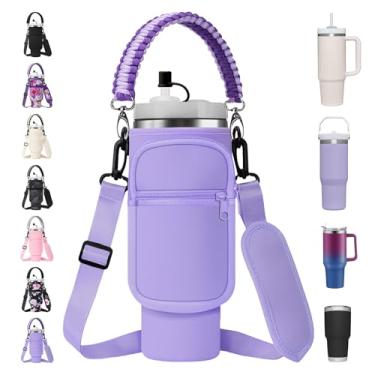 Imagem de AceTreker Bolsa tiracolo para garrafa de água com alça de paracord para Stanley 30/1,134 g com isolamento térmico de neoprene com 2 bolsos, alça ajustável e tampa de canudo para acessórios Stanley Cup