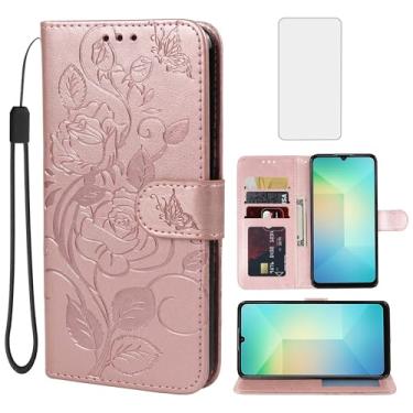 Imagem de Vavies Capa para Galaxy A06, capa carteira para Samsung A06 SM-A065F com protetor de tela de vidro temperado, capa flip de couro floral com suporte para cartão de crédito para Samsung Galaxy A06 rosa