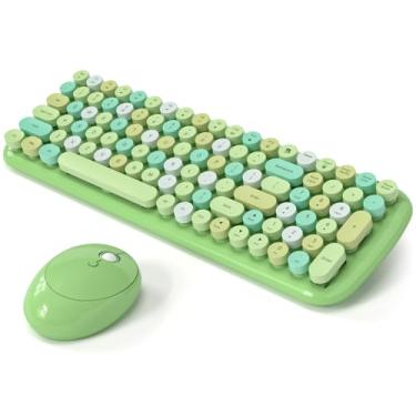 Imagem de Combo de teclado e mouse sem fio, MOWUX – layout compacto moderno, mouse doce compacto colorido e conjunto de teclado redondo retrô com capa, para PC/laptop/Windows/Mac - verde colorido