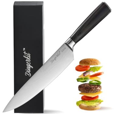 Imagem de Dingerkit Faca De Chef, Faca De Chef Para Cutelo De Carne, Trinchar, Cortar, Feita De Aço Inoxidável De Alto Carbono Com Padrão Damasco E Cabo De Madeira Pakka, Facas De Cozinha Profissionais De 8 P