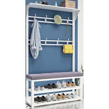 Imagem de Cabide Industrial Hall Tree Rack de sapato, prateleira de armazenamento de entrada com banco de sapatos/6 ganchos para quarto, montagem resistente e fácil