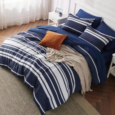 Imagem de Conjunto de Edredom Bedsure King Size 7 Peças - Listrado Azul Marinho