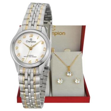 Imagem de Relogio Champion Dourado e Prateado Pequeno Feminino CH25276C + Kit Se