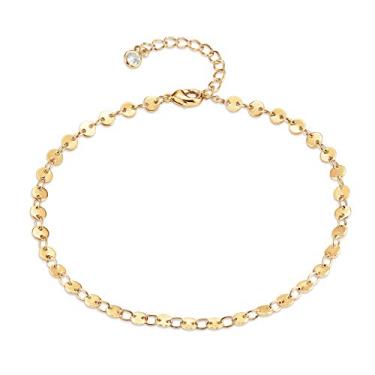 Imagem de LOYATA Pulseira de tornozelo delicada, banhada a ouro 14 K, contas minúsculas, tornozeleira delicada de zircônia cúbica branca, corrente para os pés, linda lua da sorte, olho turco, joia boho,