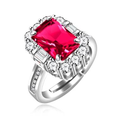 Imagem de Uloveido Anel feminino de rubi criado com corte esmeralda grande, banhado a platina, retangular, tamanho ajustável para mulheres Y1880, Metal Cristal, Zircônia cúbica