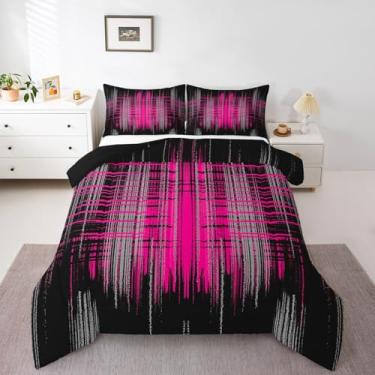 Imagem de Feelyou Conjunto de edredom abstrato, tamanho casal, preto, rosa choque, decoração geométrica, arte moderna, respirável, macio, leve, microfibra, roupa de cama