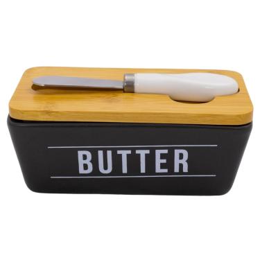 Imagem de Porta Manteiga De Porcelana Preta Butter Com Tampa Bambu E Espátula Inox