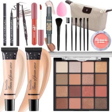Imagem de YBUETE Conjunto de maquiagem para meninas e mulheres, kit de rosto inteiro, kit de viagem, conjunto de presente, sombra, base, blush, delineador, brilho labial, pincéis de maquiagem e bolsa de esponja