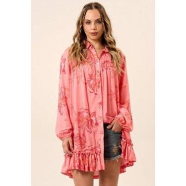Imagem de Vestido Chemise Curto Com Mangas Longas Bufantes Rosa Estampado Yacamim E17-Feminino