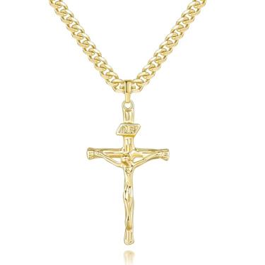Imagem de varger Colar de cruz de ouro para homens, crucifixo, corrente cubana à prova de futuro, pingente de cruz de ouro para homens 50/56/61 cm, 20/22/24 INCHES, Ouro, Sem Pedra Preciosa