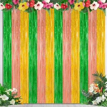 Imagem de Pacote com 4 decorações de festa havaianas, pano de fundo de tinsel Havaí, 10 m x 19 m, cortinas de alumínio verde marrom amarelo com franja, cenário de festa, decoração de verão metálica decorações