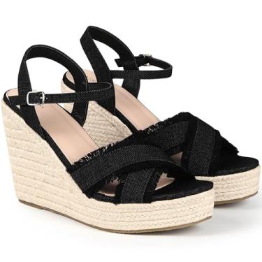 Imagem de Allegra K Sandálias femininas de salto plataforma com alpargatas e franjas cruzadas, Preto, 38
