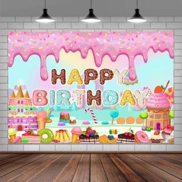 Imagem de 2,1 x 1,5 m Candyland cenário de aniversário doce pirulito cupcake biscoito granulado rosa fotografia fundo meninas doces tema decoração faixa para festa adereços de cabine de fotos