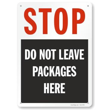 Imagem de SmartSign Placa de entrega de pacote - 35,5 cm x 25,4 cm, placa de metal Stop Do Not Leave Packages Here, alumínio laminado à prova de ferrugem de 40 mm, furos pré-perfurados, fácil de montar