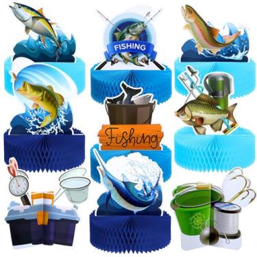 Imagem de 9 Psc Gone Fishing Party Centerpiece Fishing Table Decor 3D Fishing Birthday Party Supplies Fishing Birthday Decorations Fish Paper Signs Honeycomb for Baby Shower Retirement Theme Party Father's Day