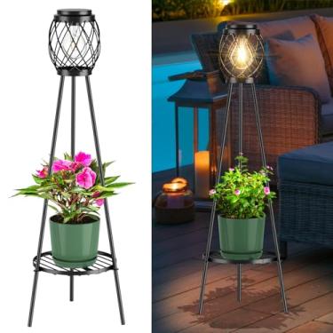 Imagem de MXwcy Luminária solar de chão com suportes de plantas, luzes solares externas com lâmpadas LED vintage Edison, luzes de jardim à prova de intempéries para caminho, pátio, quintal, iluminação de 8 a 10