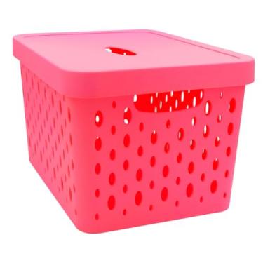 Imagem de Caixa Organizadora Com Tampa 20L Empilhável Cesto Para Roupas Brinquedos Caixa Ferramentas Multiuso Cor Preto, Rosa, Azul - Caixa Cesto Para Transporte Viajem (Rosa)
