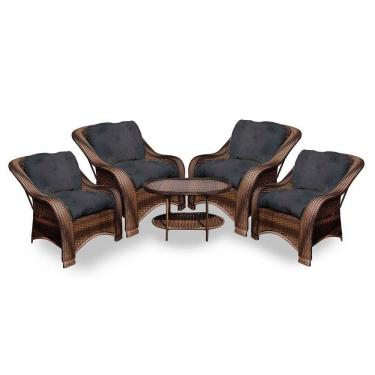 Imagem de Conjunto De Poltronas Fibra Sintética Melo - 4 Poltronas + 1 Mesa Centro - Tecido Duna Preto