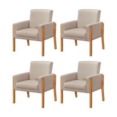 Imagem de Kit 4 Poltronas Sala De Espera Pés Em Madeira Santorini Linho Bege - Bege