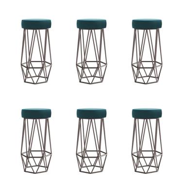Imagem de Kit 06 Banqueta Com Encosto Mhara Hexágono Cozinha Bar Ferro Marrom Suede Azul Turquesa - Amey Decor