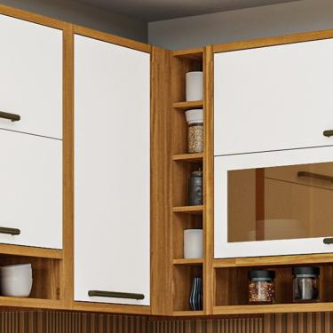 Imagem de Armário Aéreo De Cozinha Canto Reto Com 1 Porta E Mini Adega 100% Mdf Amêndoa/branco