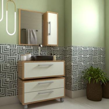 Imagem de Gabinete Para Banheiro Suspenso Alice Com Balcão 2 Gavetas E Espelheira Com Cuba Preta Mel/arenas