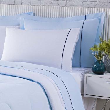 Imagem de Kit Edredom 100% Algodão Percal 150 Fios Dupla Face Queen + Jogo De Cama 7 Peças - Azul-branco