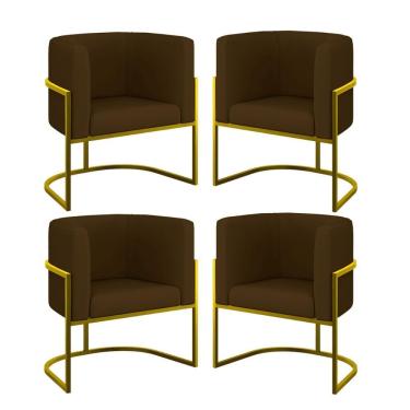 Imagem de Kit 04 Poltronas Lua Sala Decorativa Base Ferro Gold Corino Marrom