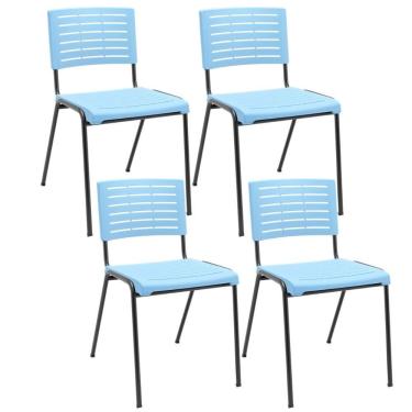 Imagem de Kit 04 Cadeiras Empilhável Fixa Escritório Multiuso Base Preta Kimi P03 Azul Celeste - Lyam Decor