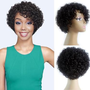Imagem de ManeMajesty Perucas Curtas De Cabelo Humano Cacheado Para Mulheres Negras, 8" Sem Cola, Corte Bob Pixie, Parte Lateral Com Franja, Afro Brasileira, Remy, Renda Frontal, Cor Natural
