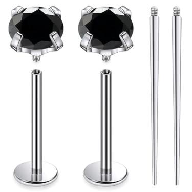 Imagem de Ruifan ASTM F136 titânio bochecha piercing barra jóias internamente rosca plana língua anéis preto zircônia cúbica sólido titânio labret piercing corporal joias para mulheres homens 14G 19 mm