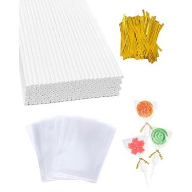 Imagem de 300 palitos e embalagens para bolo, palitos e sacos de pirulito de papel de 15 cm, palito de bolo CHELIZIYA para doces, chocolate com 100 palitos, 100 sacos traet, 100 laços torcidos (laços dourados)