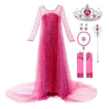 Imagem de JerrisApparel Fantasia de princesa para meninas, festa de aniversário, Natal, fantasia chique, Rosa choque com acessórios, 7