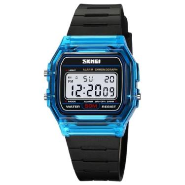 Imagem de Relógio de pulso feminino com pulseira de TPU transparente, à prova de choque, com visor retroiluminado e cronômetro, relógio digital feminino (Black Blue)