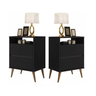 Imagem de kit 2 mesa de cabeceira retro Preto com 2 gavetas