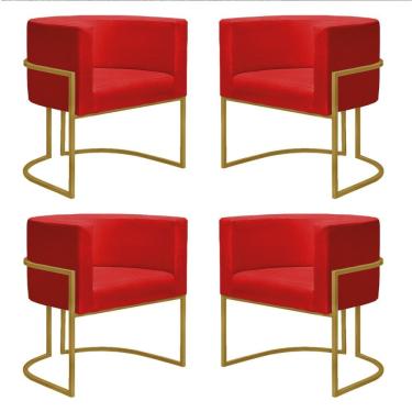 Imagem de Kit 4 Poltronas Reforçadas Decorativa Sala Nayara Base Ferro Dourado Suede Vermelho
