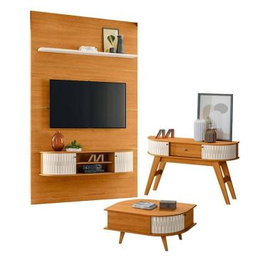 Imagem de Estante Home Theater com Bancada Suspensa Monte Carlo com Aparador Estoril e Mesa de Centro Indianápolis Cinamomo Off White – Madetec