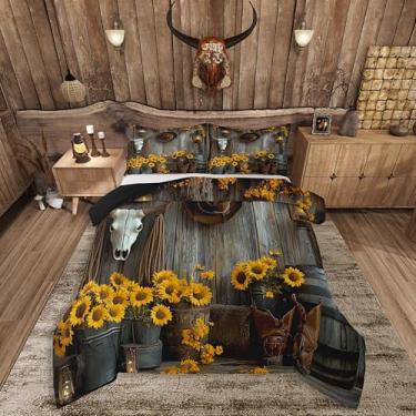 Imagem de Feelyou Conjunto de edredom queen asteca ocidental marrom e caveira de touro, para meninos, meninas, adolescentes, botas de caubói selvagem, casa de fazenda, rústico, girassol, conjunto de cama macio