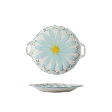 Imagem de Prato raso de orelha dupla de flor pintada à mão, placa de café da manhã de cerâmica cor sob o esmalte - azul claro
