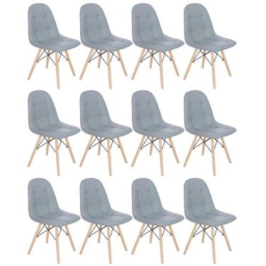 Imagem de Kit 12 Cadeiras Estofadas Charles Eames Eiffel Botonê Com Pés De Madeira Clara Cinza Médio