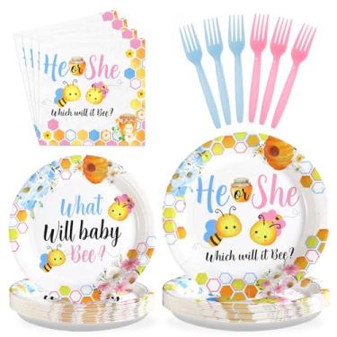 Imagem de 96Pcs What Will It Bee Gender Reveal Party Decorations Honey Bee Baby Shower Plates and Napkins Tableware Sets for Boys or Girls He Or She Bees Baby Shower Gender Reveal Party Supplies Serves 24