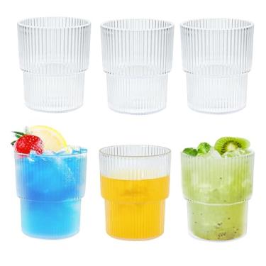 Imagem de Icesip Conjunto de 6 copos de plástico de 350 ml, copos com nervuras inquebráveis reutilizáveis, copos com nervuras empilháveis inquebráveis, copos de acrílico vintage para chá, suco, água, lavável na