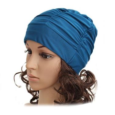 Imagem de Ewanda store Touca de natação colorida plissada de tecido de nylon grande touca de banho de primavera quente para adultos homens mulheres cabelo longo (azul pavão)