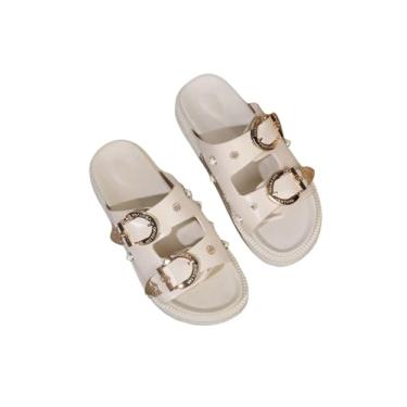 Imagem de OYOANGLE Sandália feminina com fivela dupla cravejada com tira e palmilha plataforma moderna sem cadarço, Bege, 40 BR