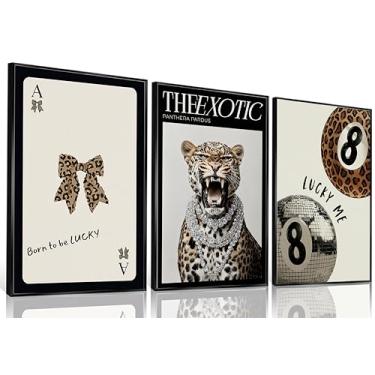 Imagem de Conjunto de 3 arte de parede em tela leopardo moderna Funky Lucky 8 Ball Poster Prints Preppy Bow Room Estética Wall Decor Cheetah With Jewels Pictures for Girls Bedroom Apartment Dorm Unframed 40 x