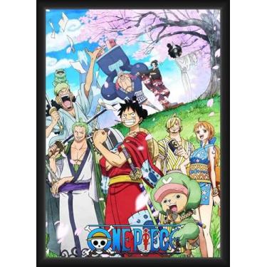 Imagem de BUY ART FOR LESS Pôster de arte emoldurado oficialmente licenciado One Piece - Wano - 61 x 91 cm - Moldura de madeira projetada resistente com vidro plexi - Pronto para pendurar