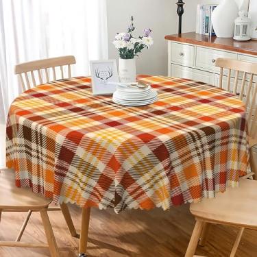Imagem de Laeacco Toalha de mesa redonda quadriculada de 137 cm, laranja, amarela, tartan, xadrez, lavável, impermeável, sem vincos, para fazenda, cozinha, sala de jantar, piquenique, decoração de festa de